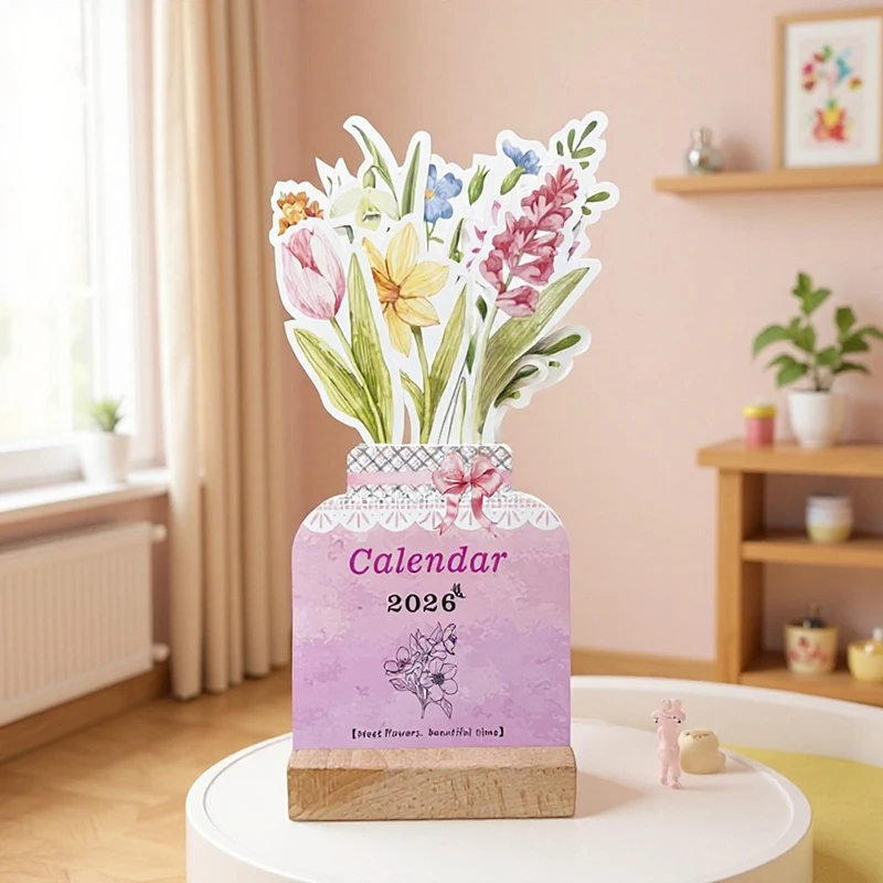 

【Nice】2026 Bloomy Flowers Desk Calendar Mini Calendar Standing Desk Calendar Vase-Like Desktop Monthly Planner For Home School