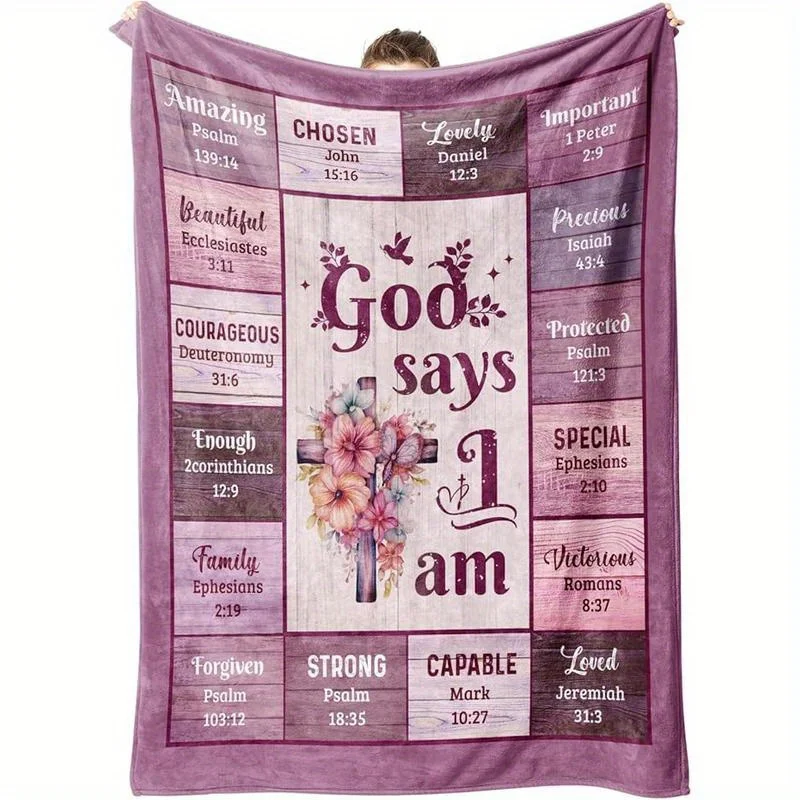 

Luxury Christian Bible Verse Blanket - Soft Flannel Religious Gift, Purple Floral Cross Pattern - Warm Blanket for All Seasons
