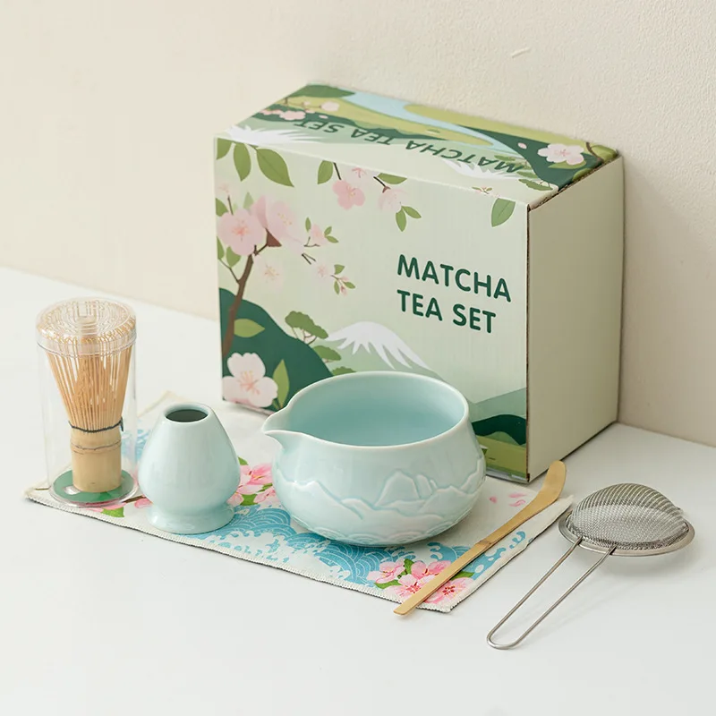 Nuevo juego de batidores Macha, cuenco Macha de montaña en relieve de cerámica, juego Macha, tazón de bebida con boca