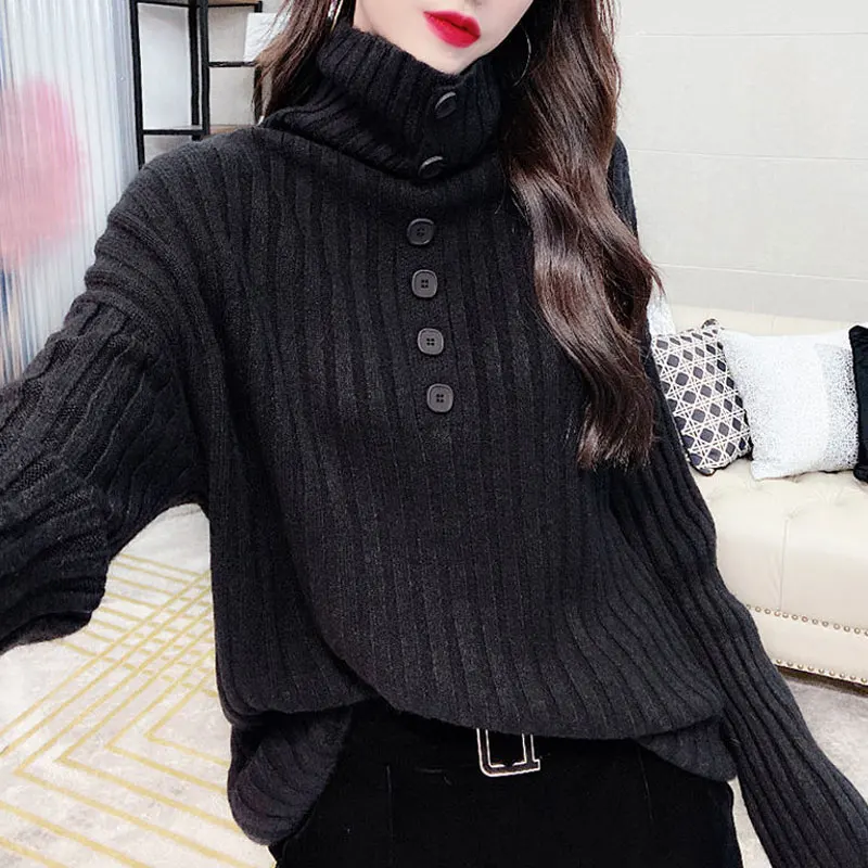 Basic Autumn Winter Knitted Sweater Women\'s Clothing Solid Color Stylish Pile Collar Button Casual Long Sleeve Loose Jumpers New