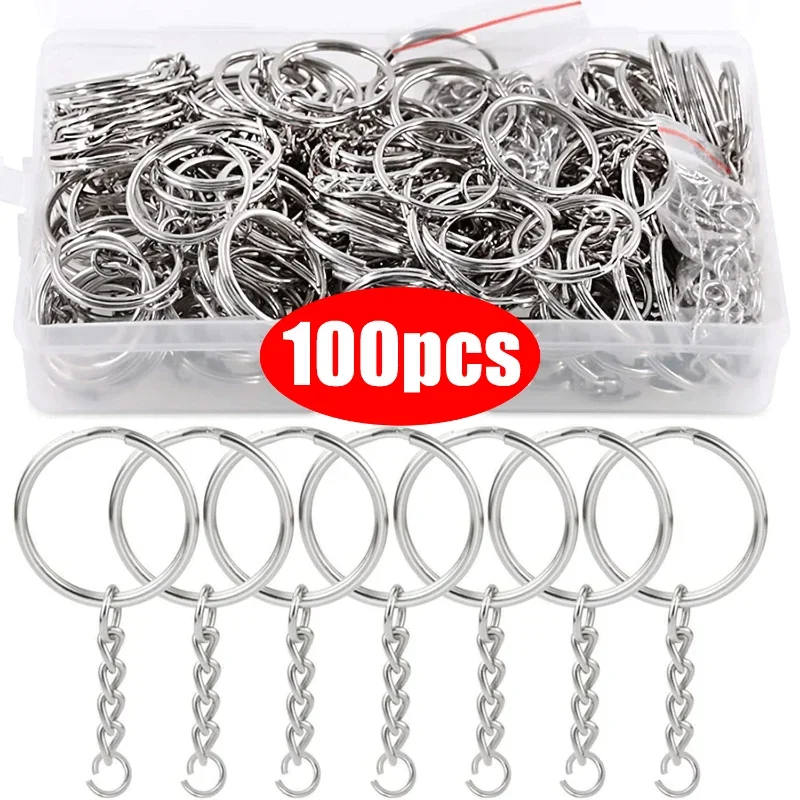20/40/50/100pcs Metal Split Ring with Short Chain Key Rings Key Chains Women Men Polished Silver Color 25mm DIY Keyring Keychain