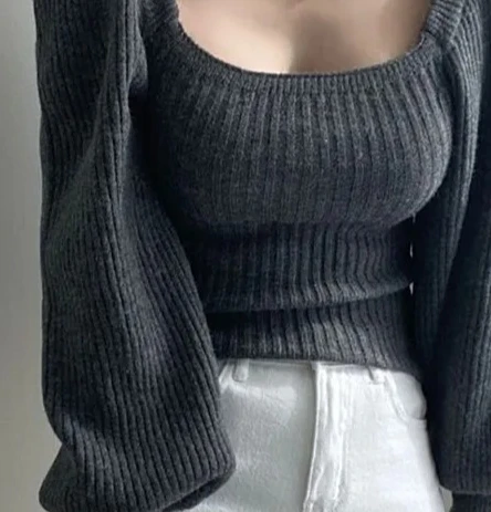 Retro Gestrickte Lange Blase Quadrat Kragen Slim Fit Taille Cinched Farbe Pullover Frauen Frühling Herbst Basis Schicht