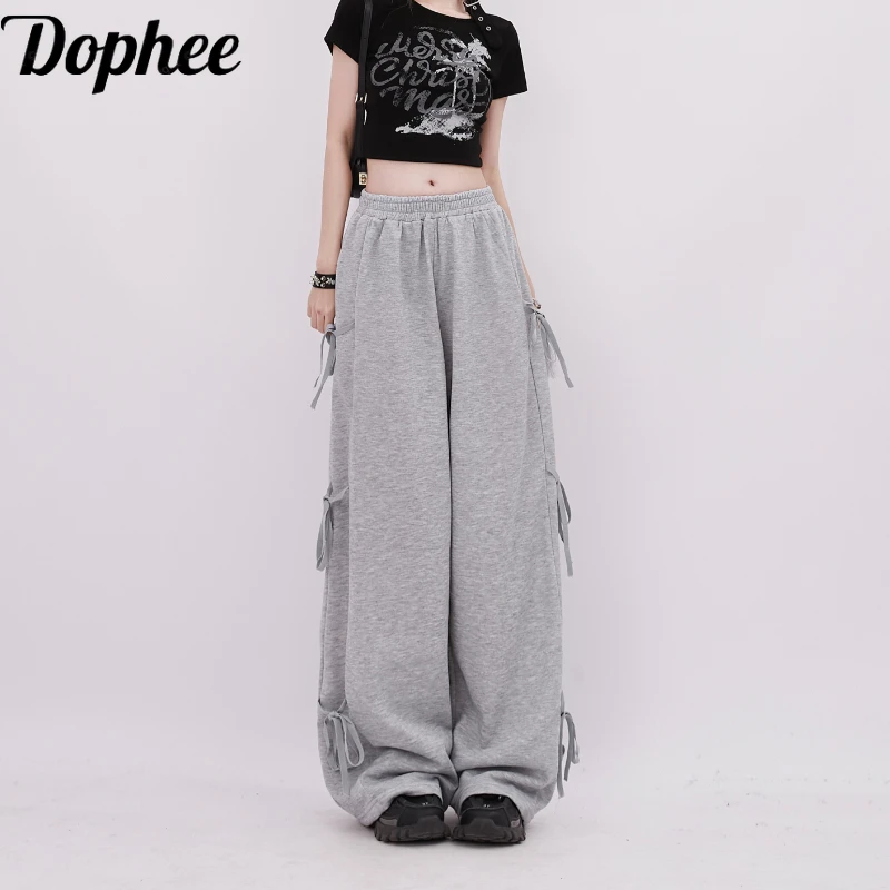 

Dophee Spirng Summer Casual Sweatpants American Street Vintage Bow All-match Wide Leg Pants Drawstring Elastic Waist Trouser