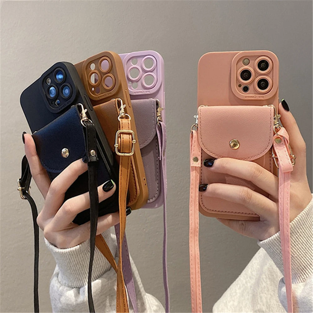 Wallet Leather Crossbody Neckband Lanyard Phone Case for iPhone 15 14 11 12 13 Pro Max X XS XR 7 8 Plus Luxury Card Holder Cover