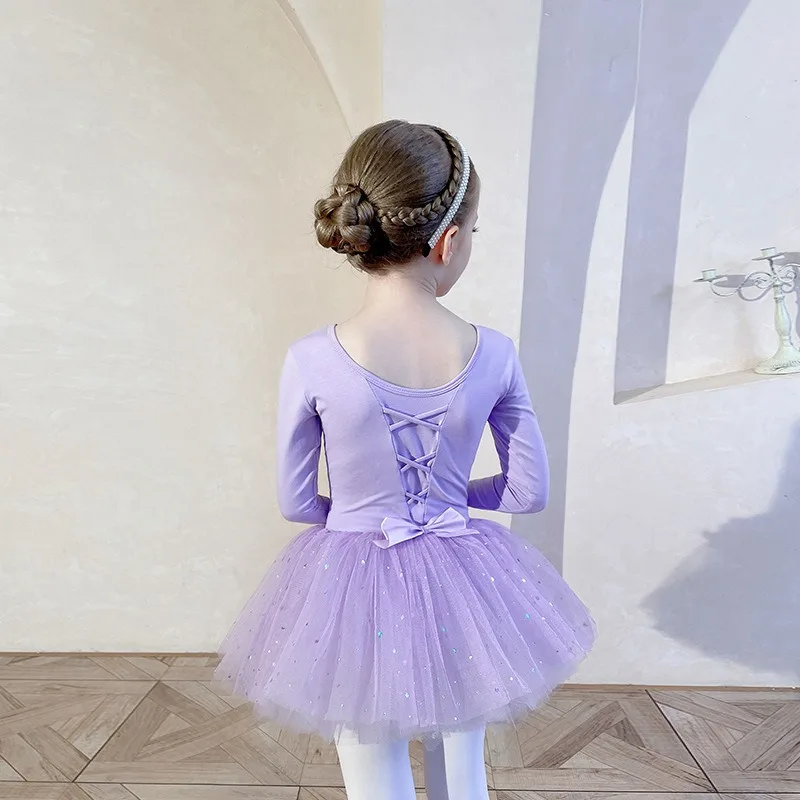 Girls Ballet Sequined Tulle Dress Long Sleeve Purple Dance Costume Soft Comfortable Daily Practice Stage Casual Dance Outfit view 3