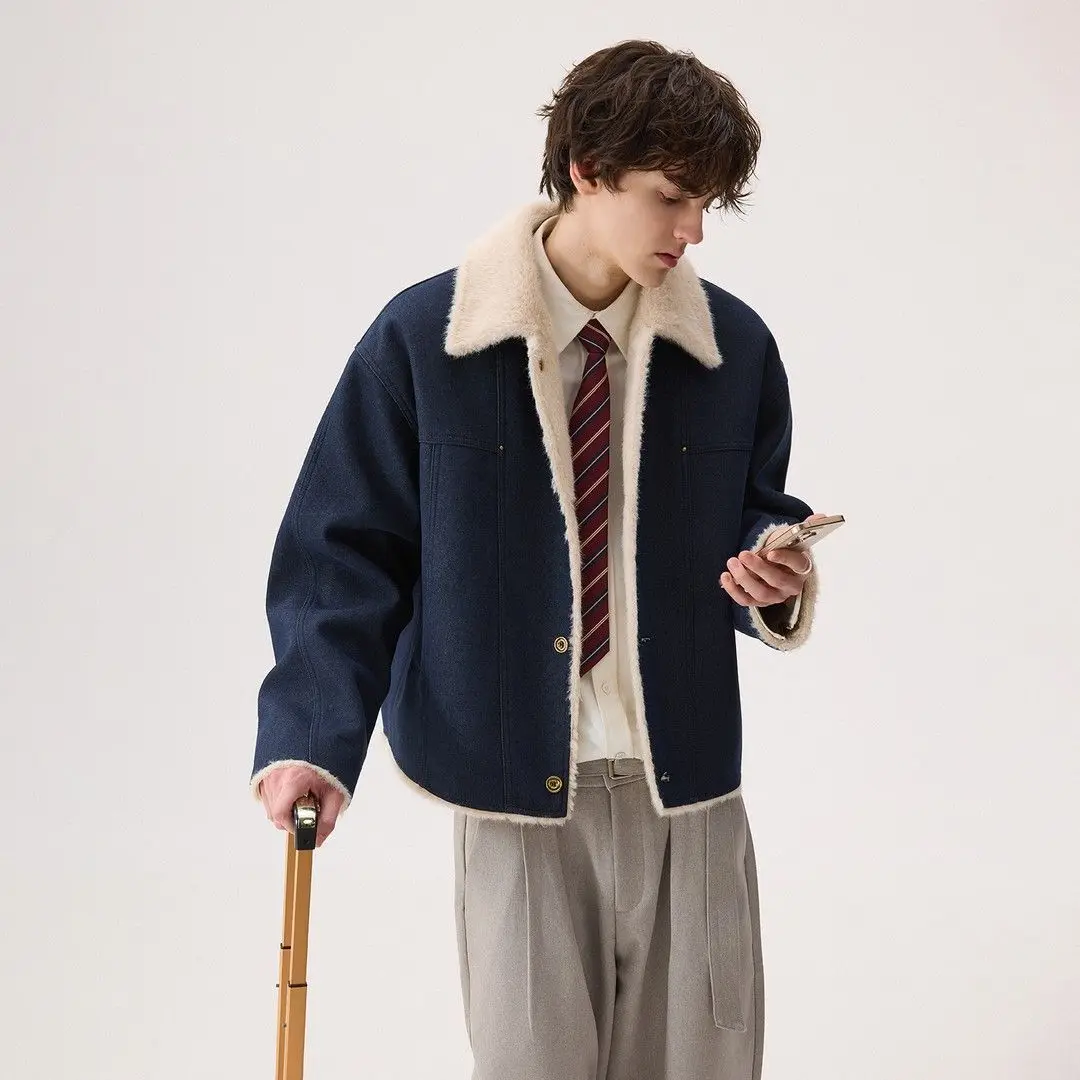 2026 New Solid Color Warm Jackets Men Winter Lapel Fur Collar Loose Coats Male Long Sleeve Cotton-padded Overcoats C915