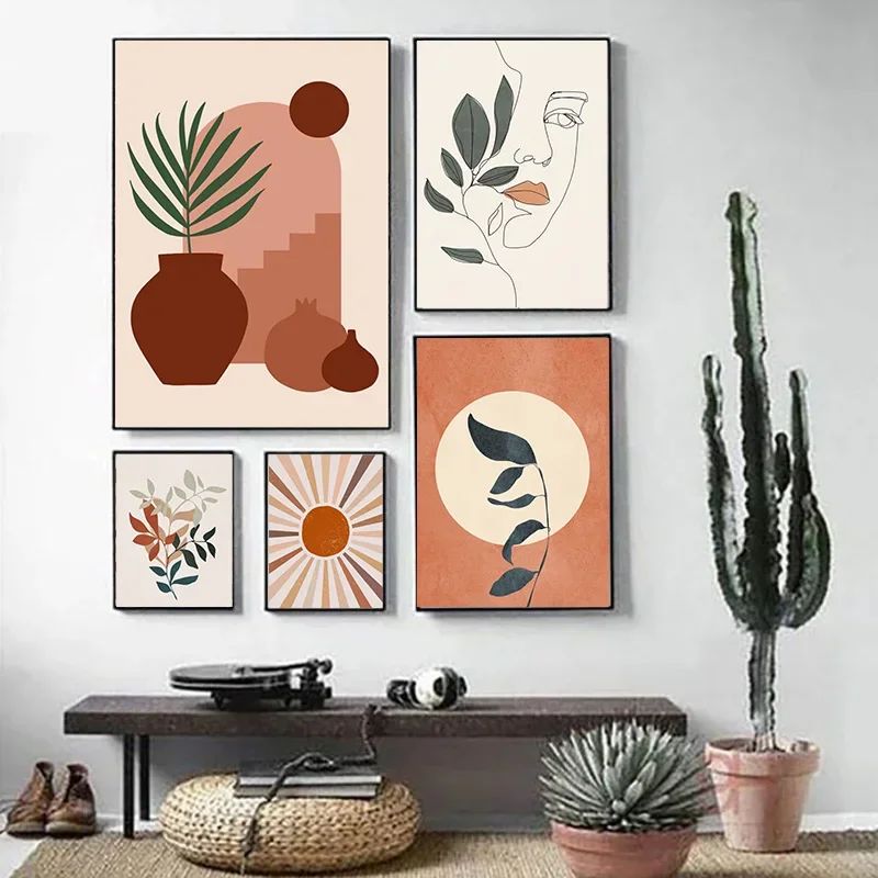 

Bohemian Mid Century Modern Minimalist Wall Art Poster Lines Leaves Sun Chic Print Canvas Painting Bedroom Decorative Wall Art