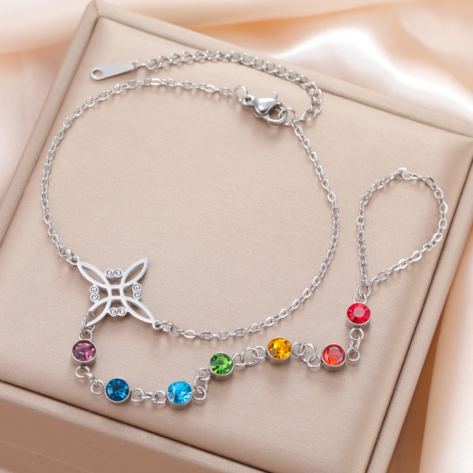 Unift سوار عقدة الساحرة مع خاتم الفولاذ المقاوم للصدأ سوار المرأة موضة سوار الزركون الملون مع خاتم هدايا لصديق #1