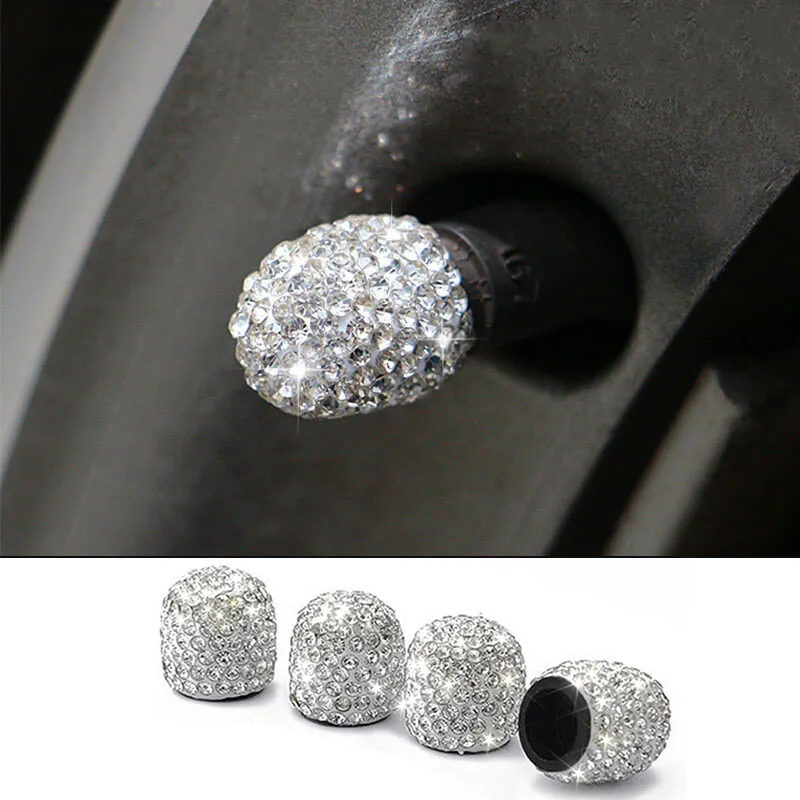 4 Pieces Bling Car Tire Valve Stem Caps, Sparkling White Handmade Crystal Rhinestone Dustproof Universal Car Valve Stem Covers