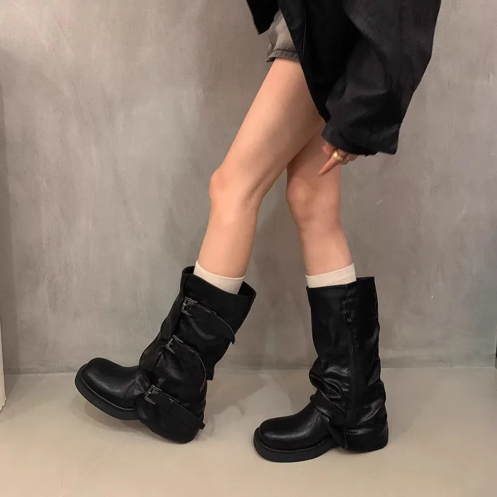 Retro thick-heeled mid-high black boots Western cowboy boots, rider boots early autumn women's boots C616