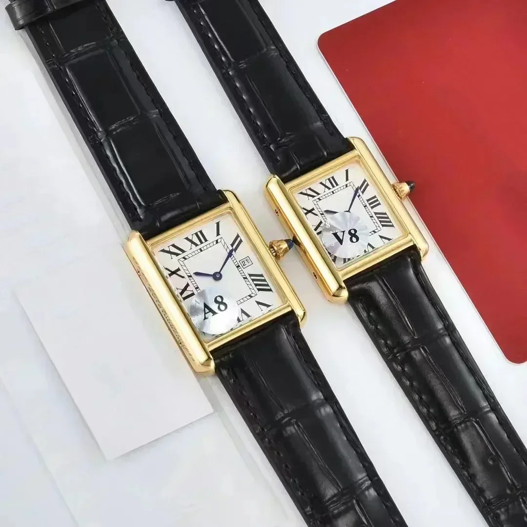 Luxury New Men Woman Quartz Watch 904L Stainless Steel Black Red Leather Square Tanks Watch Sapphire Glass