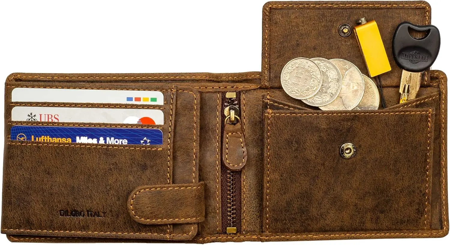 

Large Men's Leather Bifold Wallet with RFID Protection, ID Zip, and Coin Compartment