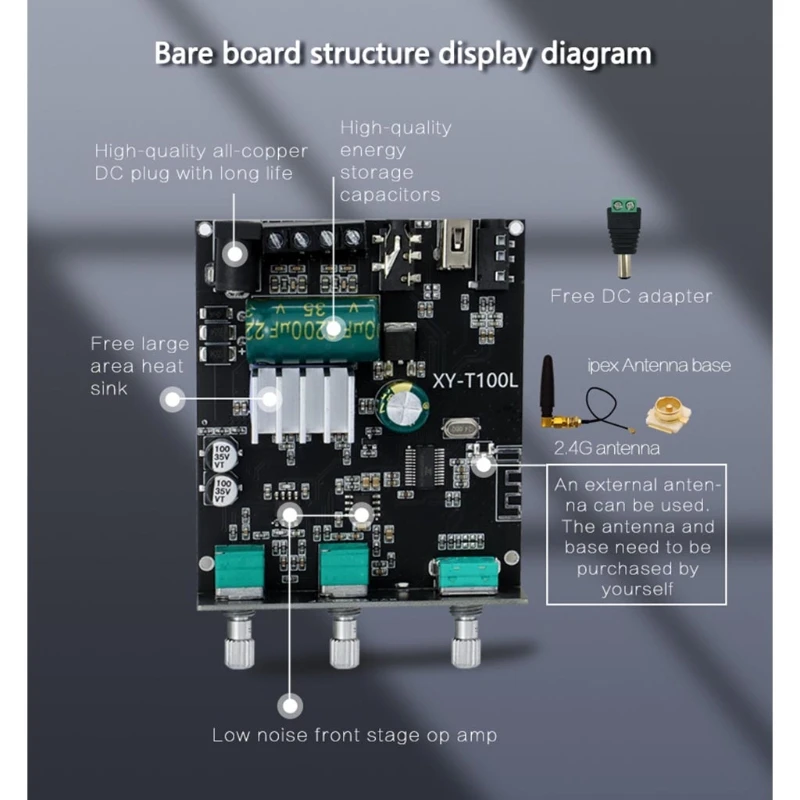 Placa amplificadora bluetooth 5.0, 100w + 100w de potência, compatível com bluetooth 5.0, 2.1 canais, classe d, áudio estéreo doméstico