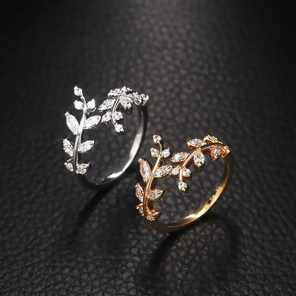 925 Sterling Silver Gold Zircons Leaves Open Wedding Ring For Women Grace Jewelry Trend Fashionable Birthday Party Gifts