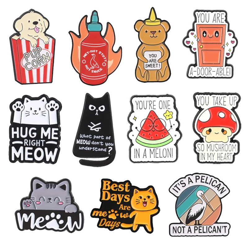 Divertidos broches de esmalte con diseño de palomitas de maíz, gallo picante, salsa Sriracha, oso de miel y pelícano, insignias de solapa, regalos de joyería