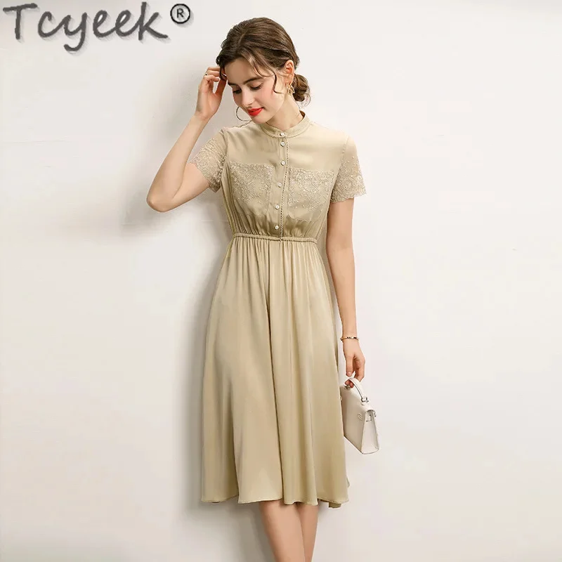 

92.3% Tcyeek Mulberry Silk High-end Midi Summer Women's Elegant es for Women Dress 2024 Lace Splicing