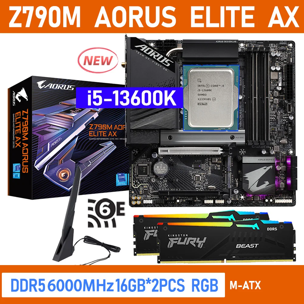 

Gigabyte Z790M AORUS ELITE AX LGA 1700 Motherboard DDR5 Kit Core i5 13600K CPU With Rams 6000MHz 32GB XMP Overclocking RGB WIFI