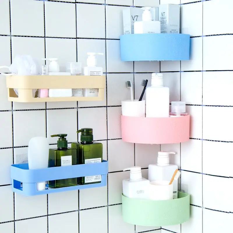 Non Perforated Storage Rack Bathroom Kitchen Toilet Plastic Corner Rack Wall Mounted Non Marking Sticker Hook Storage Holder