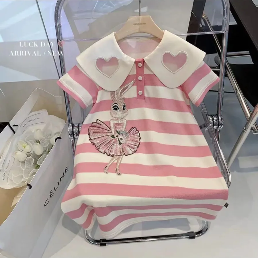 

Summer Pink Stripe Rabbit Dress Lolita Child Girls Casual Midi Dress Children Dresses For Teens Party Princess Sundress