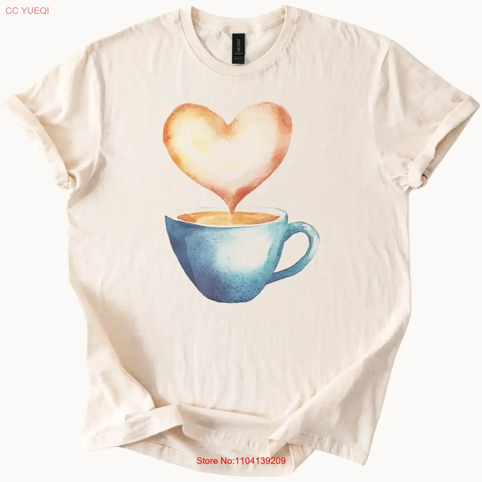 Coffee Heart ArT T Shirt Watercolor Latte Cup Lover  vintage Washed Breathable homme Stylish Comfortable Unisex