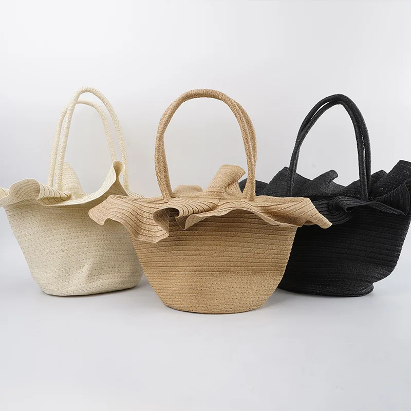 

New Straw Thread Woven Rope Woven Bag Pure Color Boho Storage Basket Lightweight Bucket Shape Handbag Beach Vacation Tote Bag