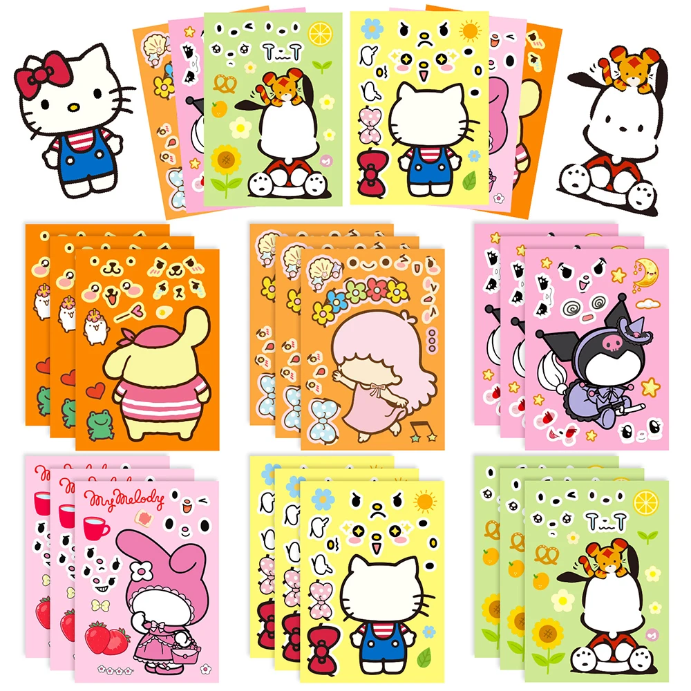 6/12Sheets Cute Cartoon Sanrio Make-a-Face Puzzle Stickers Kuromi My Melody Hello Kitty Anime DIY Toys Assemble Jigsaw Sticker