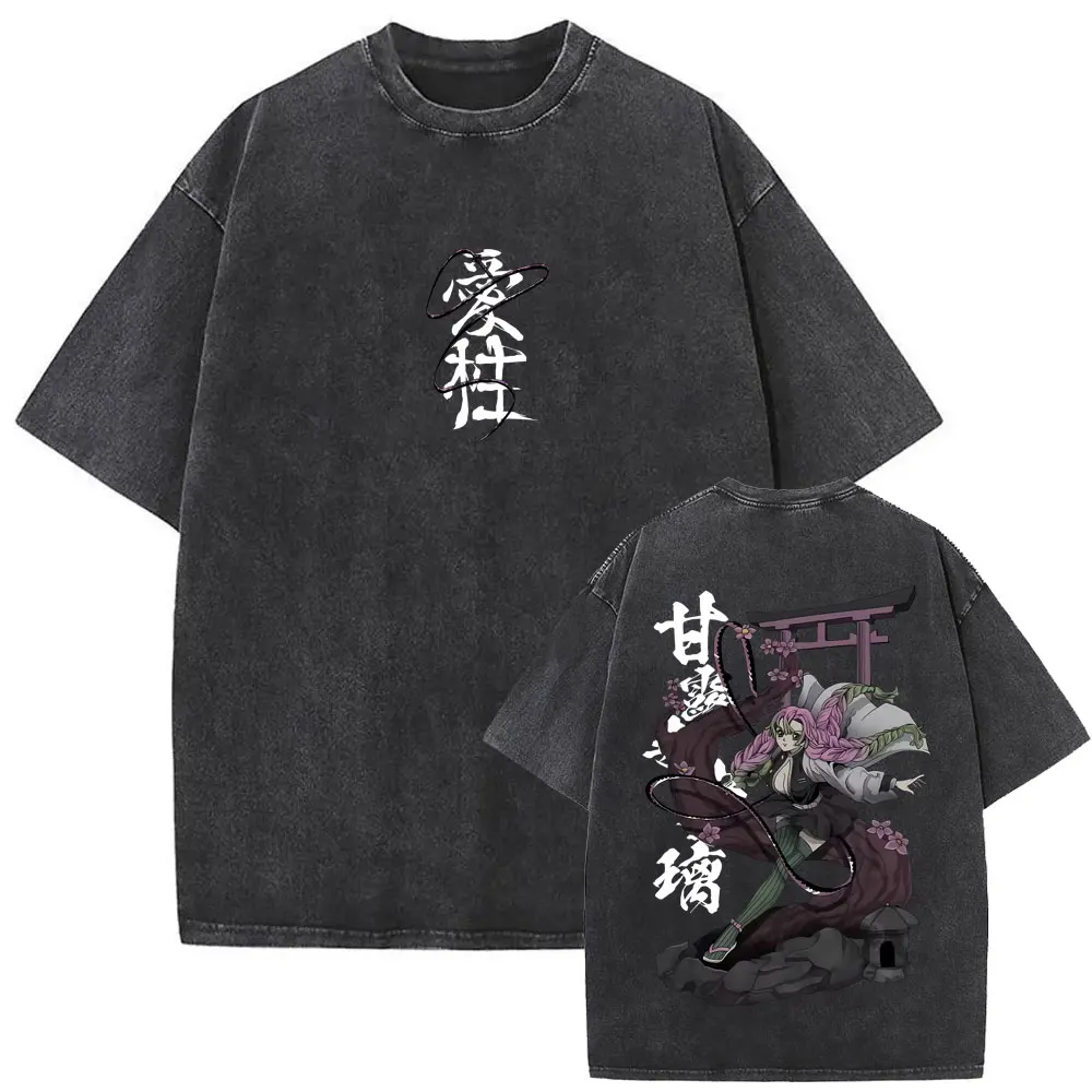 

Washed Vintage Anime Demon Slayer Kanroji Mitsuri Graphic T-shirt Men Women Cartoon Fashion T Shirts Male Casual Cotton T-shirts