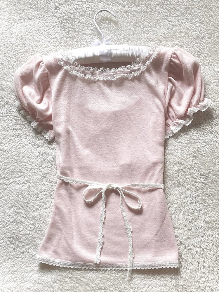 

Оригинальная милая розовая кружевная футболка ort Sve, новинка лета, Sle BZT250504, повседневный женский топ из смеси хлопка с принтом