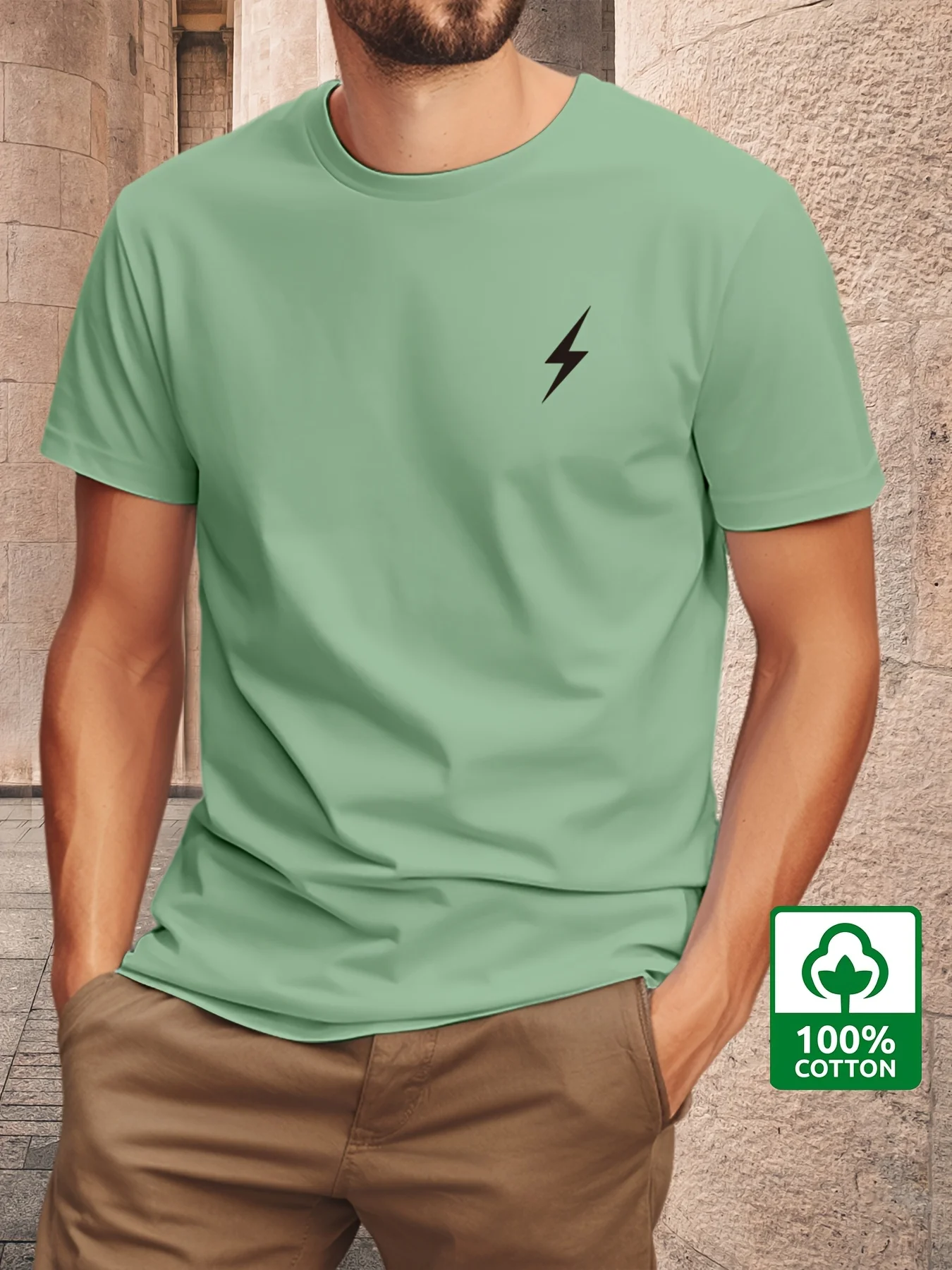 Men's Summer 100% Pure Cotton Fashionable Casual Loose Lightning Pattern Printed Round Neck Short Sleeved T-Shirt Top