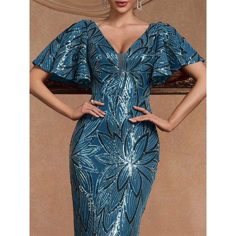 Letnia Odzież Damska Elegancka Sukienka Koktajlowa/Balowa z Rozkloszowanymi Rękawami, Głęboki Dekolt V, Niebieska, Z Cekinami, Długa Sukienka Vestido De Festa