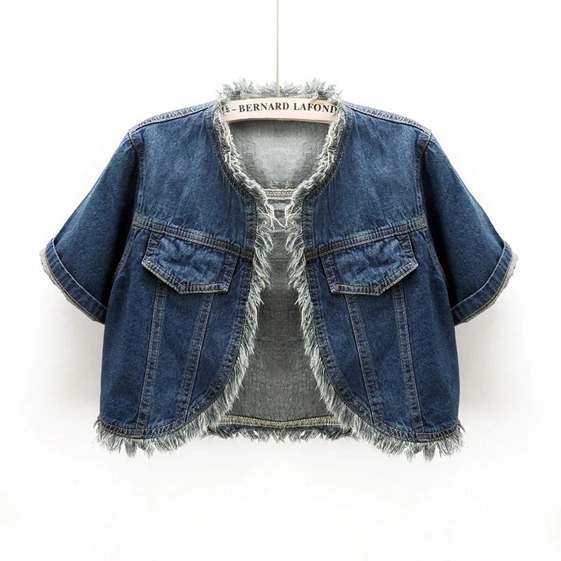 

Summer Thin Frayed O Neck Short Sleeve Cardigan Denim Jacket Women Slim Short Cowboy Outerwear Vintage Blue Jeans Jacket Female