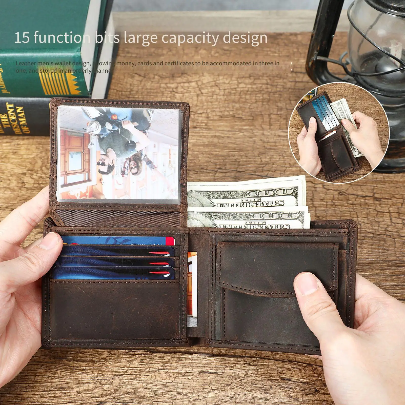 YETTIES High-Quality Short Leather Wallet | RFID Blocking Compass Embossed Bifold | Multi-Compartment Genuine Cowhide Money Clip