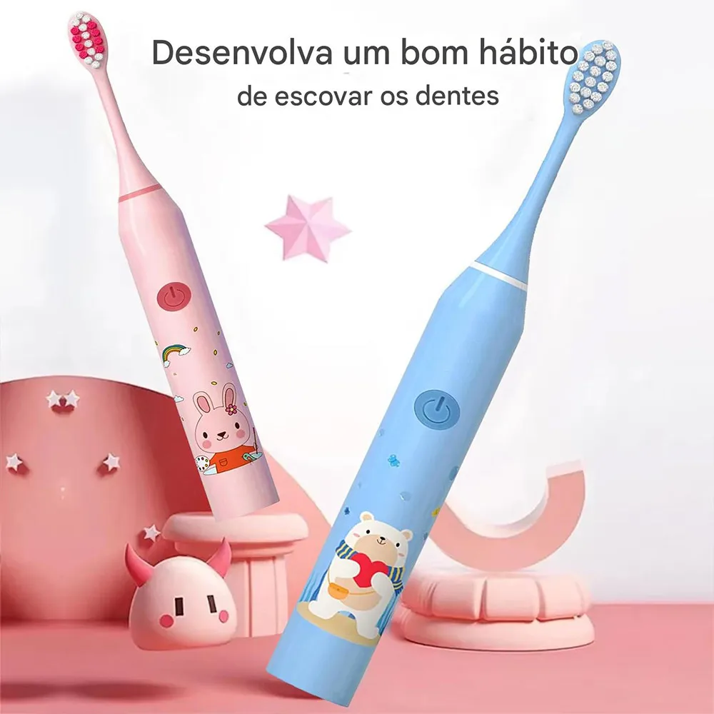 Escova de Dente Elétrica Infantil com 4 Cabeças Recarregáveis, Cerdas Macias para Crianças de 3 a 12 Anos, Higiene Bucal