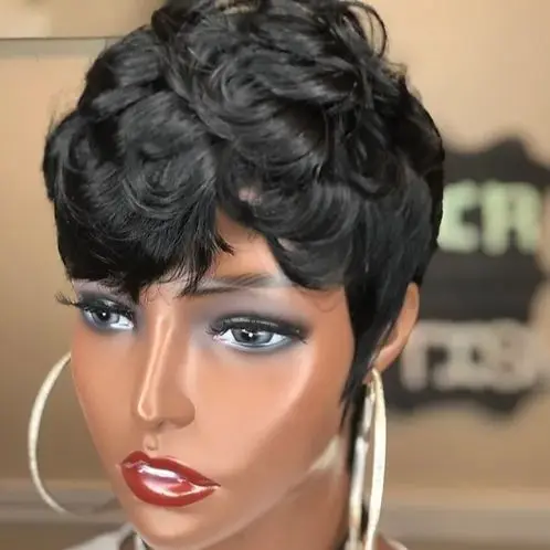 WIGERA Synthetic Highlight Cheap Hot Sale Ombre Black Short Straight Pixie Cut Hair Bob Wig With Curly Bangs Hair For Women