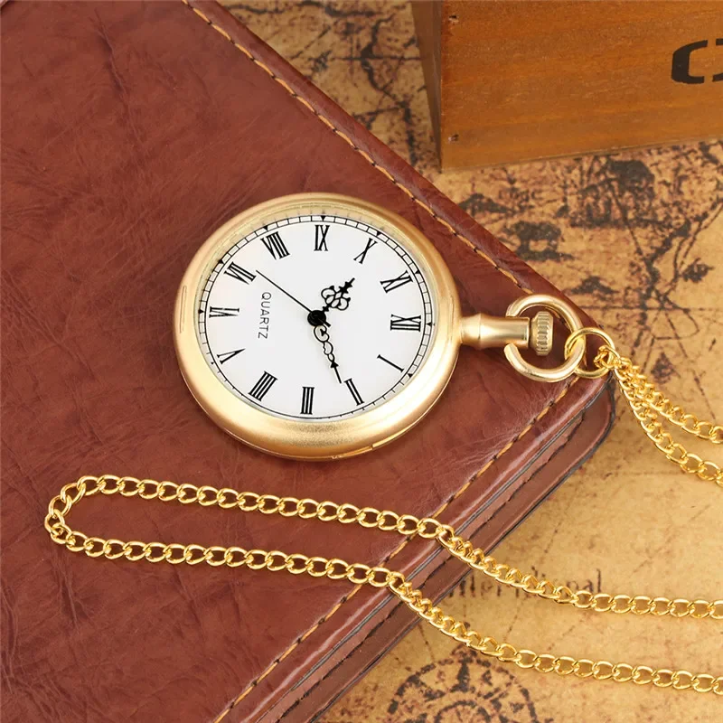 Luxury Golden Open Face Clock Roman Number Men Women Classic Quartz Analog Pocket Watch Necklace Pendant Chain Antique Reloj