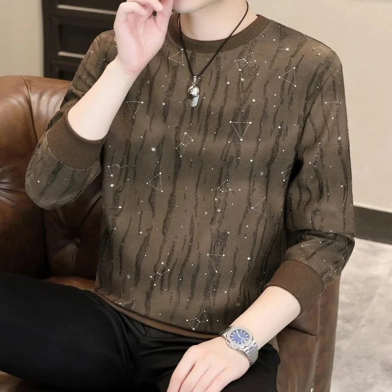 

Осенняя новая футболка с длинными рукавами, мужской пуловер с круглым вырезом, модная повседневная рубашка Meteor Hot Drill Hole, футболки