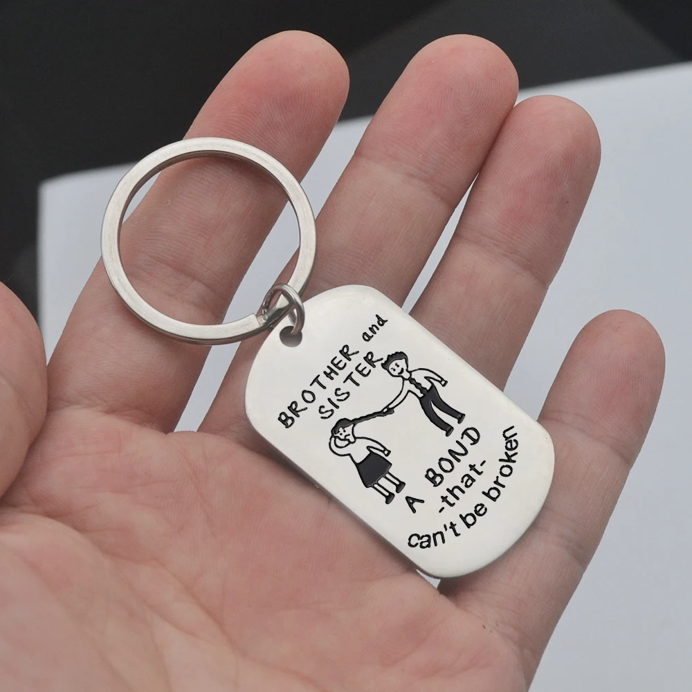 Personalized Sibling Quote Keyring Stainless Steel Rounded Dog Tag Brother Sister Cartoon Family Bag Charm Accessory