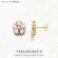 Stud Earrings Flower Colourful Stones Golden Bohemia Jewerly For Women,2022 Lucky Charms Floral Gift In 925 Sterling Silver