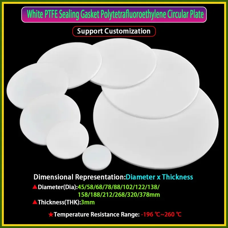 White PTFE Sealing Gasket Circular Plate Thk 3mm Dia 45-378mm Anti-Corrosion Machining Material