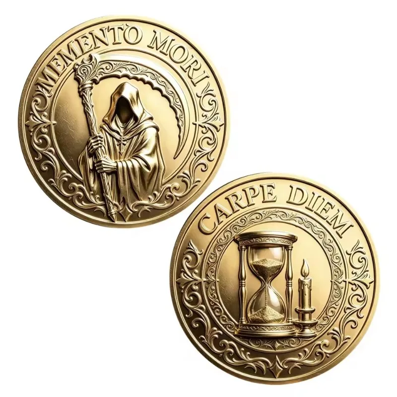 Memento Mori Carpe Diem Grim Reaper Hourglass Gold Plated Metal Coin Stoicism Philosophy Collectible Commemorative Token