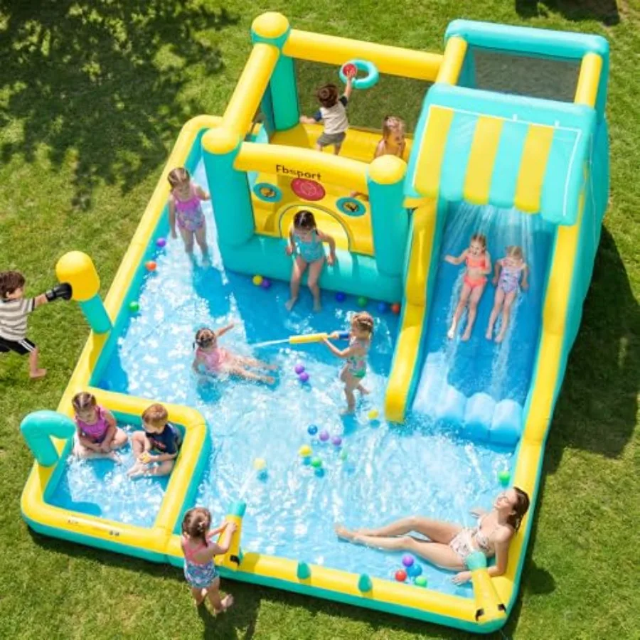 

Inflatable Bounce House Water Slide, Widen Water Slide Park 10-in-1 Bounce House with 480W Blower, Jumping, Climbing, Splash Po