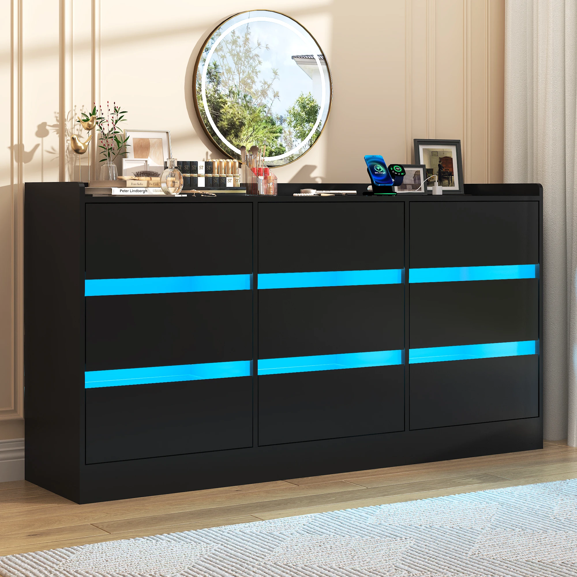 9 Drawer Dresser with Power Outlet & LED Light, Modern Chest of Drawers for Closet, 63