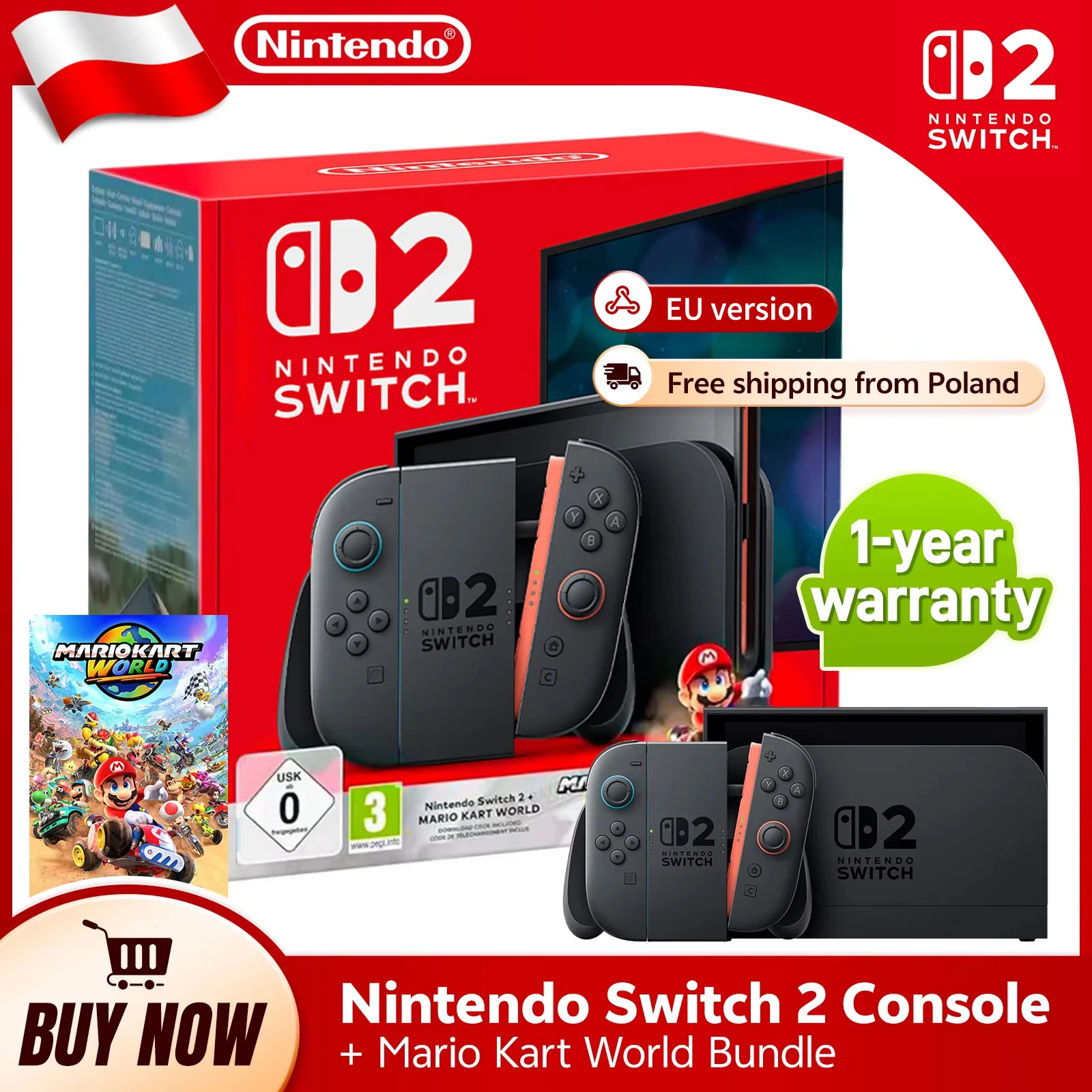 【Brand+】Nintendo Switch 2 z Mario Kart World, ekran LCD 7,9 cala, kontrolery Joy-Con2, stabilny tryb TV, gra wideo