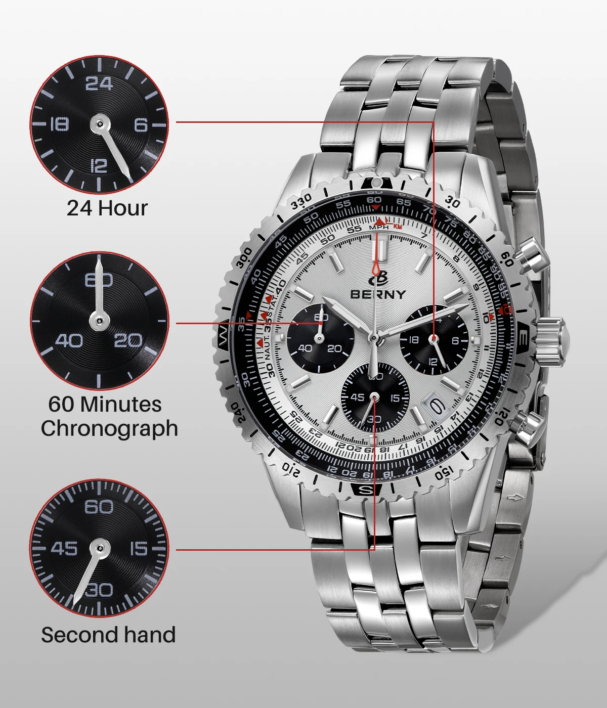 BERNY Chronograph-Uhren für Herren, Luftfahrt-Multifunktions-Quarz-Herrenuhr, Datum, Saphirglas, superleuchtende Luxus-Armbanduhr – Detail 7