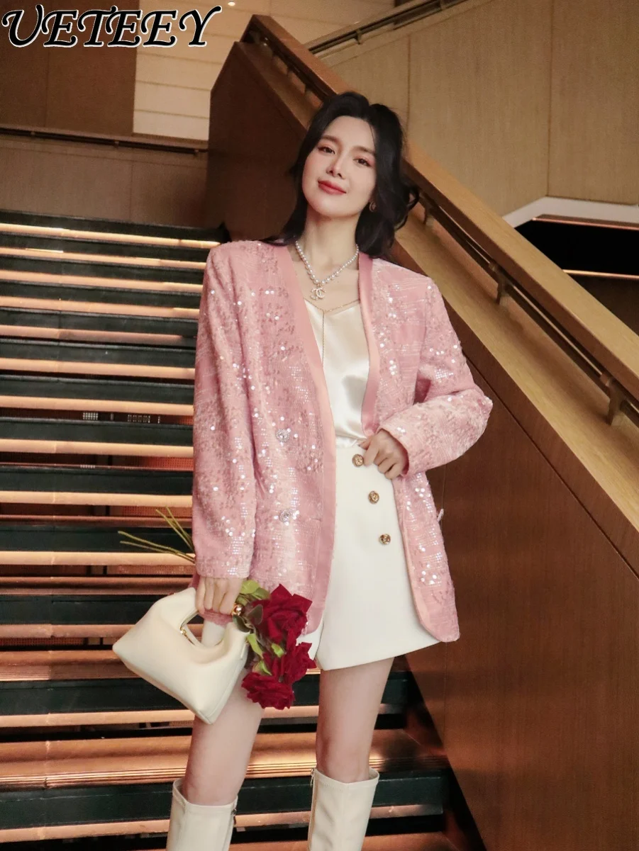 New Chinese Style Long-Sleeved Pink Suit Jacket Machine Embroidery Sequined Design Oriental Beauty Contrast Color Velvet Coat