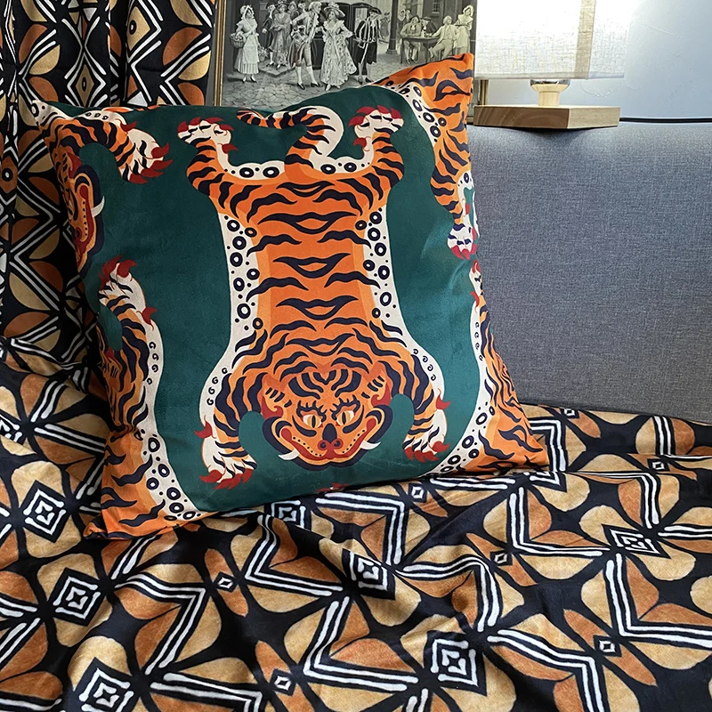 DUNXDECO polštářek obal dekorační hranatý podhlavník pouzdro vintage umělecký tygr tisk střapcem měkké samet coussin pohovka židle ložní prádlo