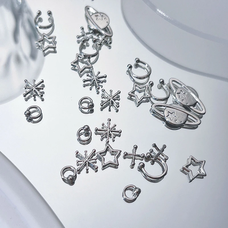 金属製の幾何学的なマニキュア装飾,シルバーカラー,合金マニキュア装飾,DIYアクセサリー,パンクファッション,10個