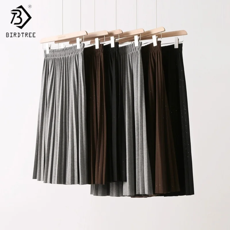 Birdtree Wool Blended Solid Pleated Skirt,Woman Elastic Waist Long Skirts,Commuting Style,2025 Autumn New,Black,Grey D5N416JF