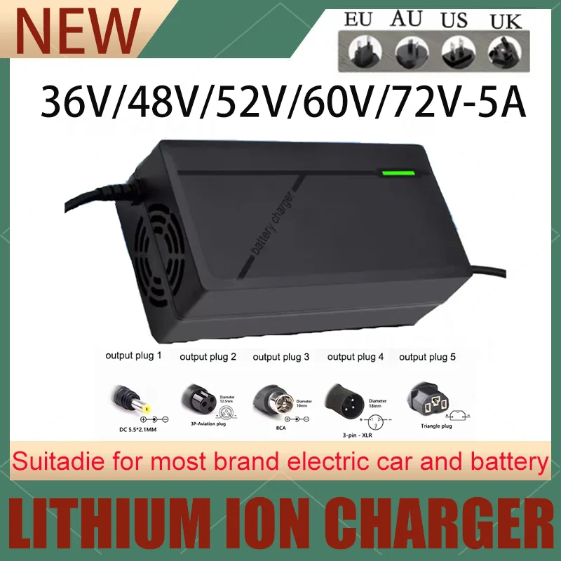 36V 48V 60V 72V 5A Charger 10S 13S 16S 20S Li-ion Battery Pack 42V 54.6V 67.2V 84V 5A Intelligent Fast Charging US/EU/AU/UK Plug