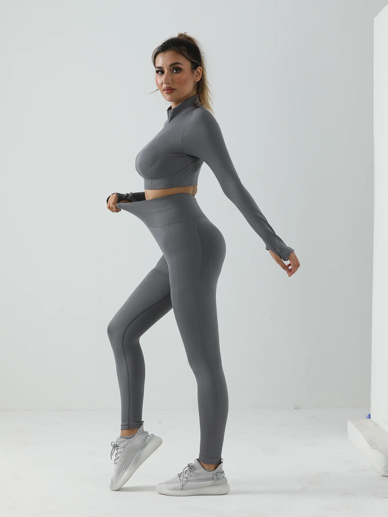 Feminino cintura alta ginásio conjunto de correspondência sem costura yoga outfit roupas esportivas mulher ginásio leggings esportivos e manga longa conjunto controle barriga